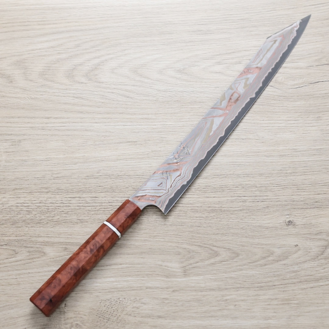 初心x二唐 彩 切付筋引 330mm 有色青紙鋼 黑染大馬士革