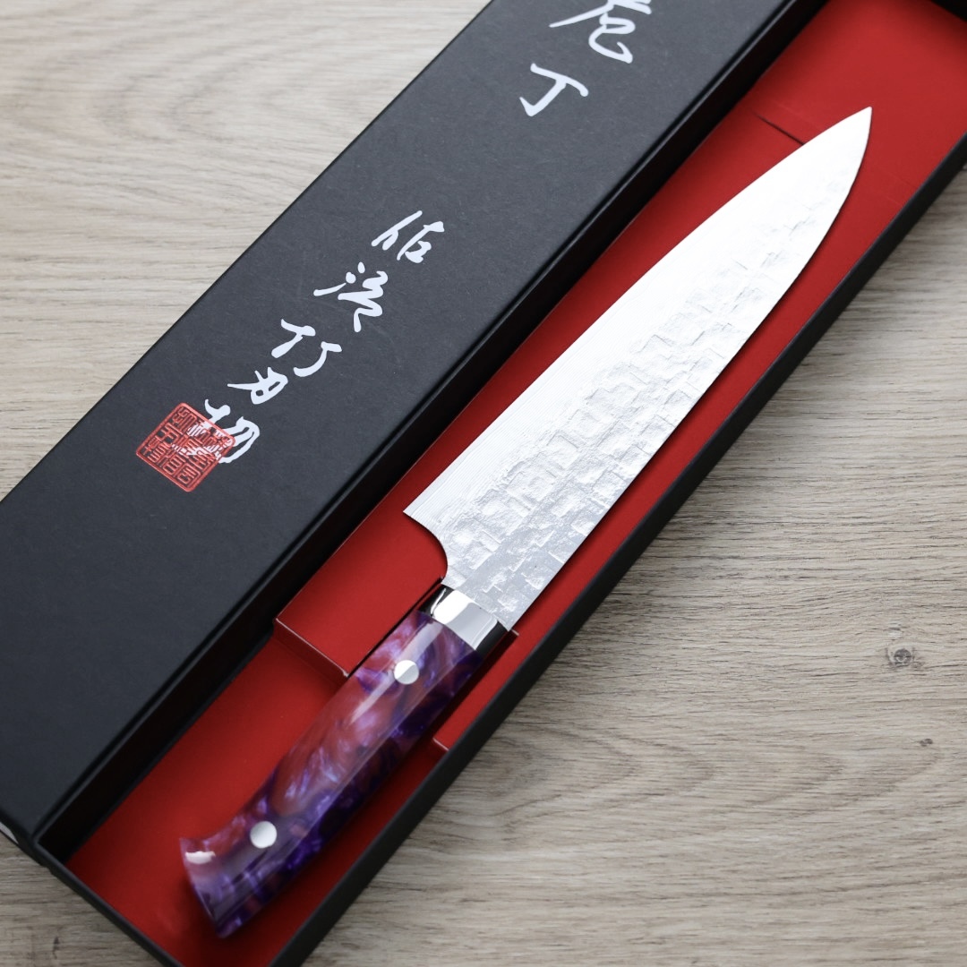 佐治武士 牛刀 210mm VG10鋼 十字鎚目大馬士革 紫壓克力柄