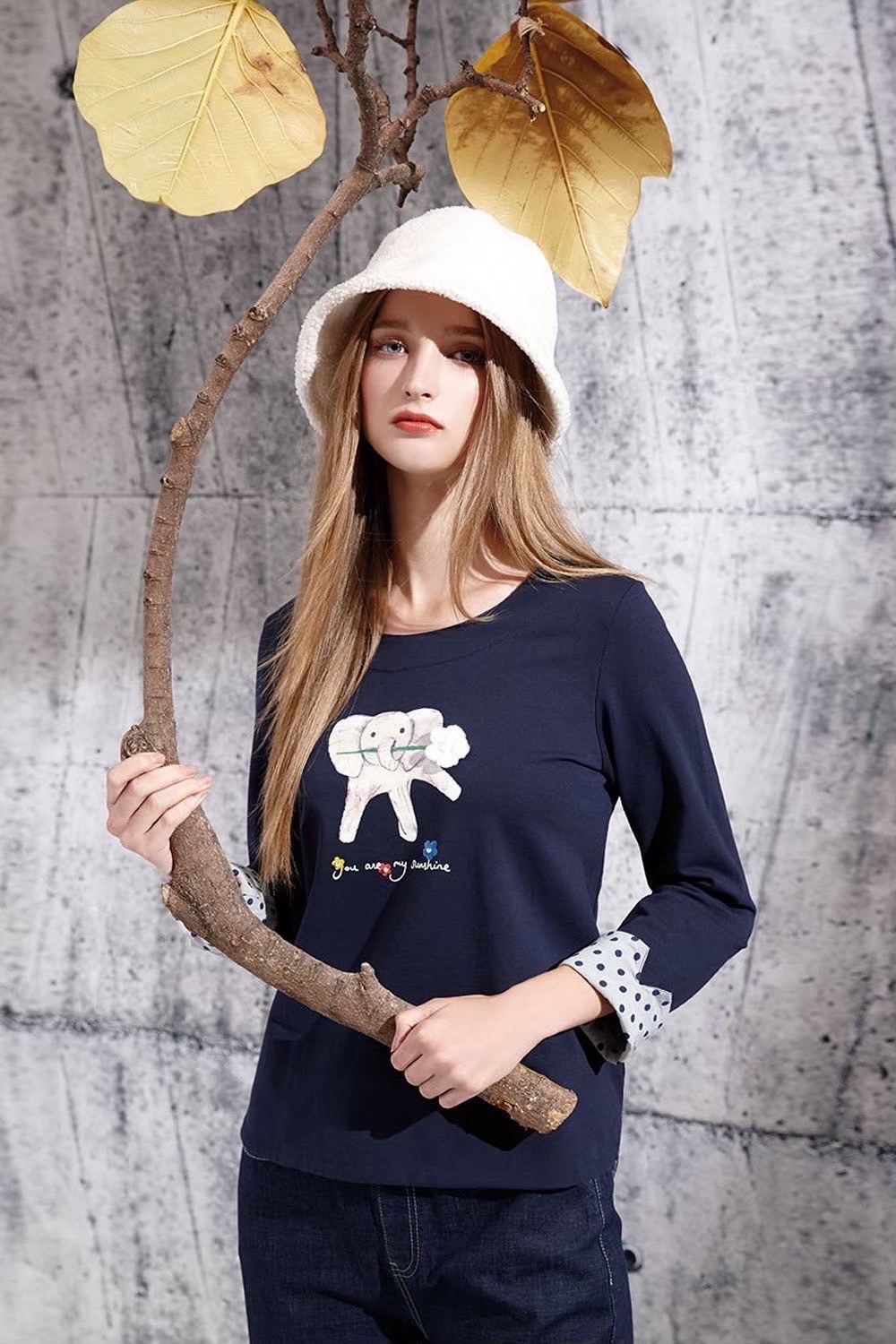 韓版可愛小象拼接點點袖口造型前短後長修身棉T上衣V6501