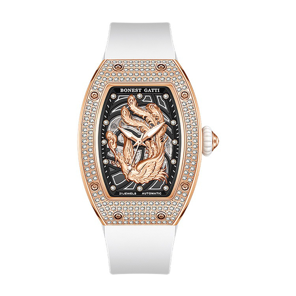【Bonest Gatti 布加迪】BG3005 鳳鳴九天 晶鑽 鏤空 酒桶型 氟橡膠錶帶 機械 手錶*