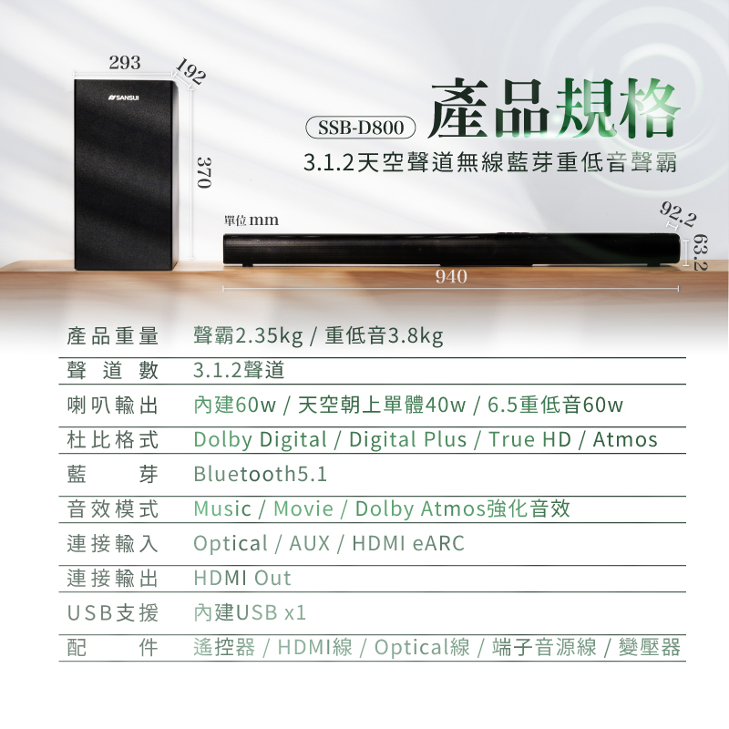 【SANSUI山水】天空聲道 SoundBar 音響(產品規格)