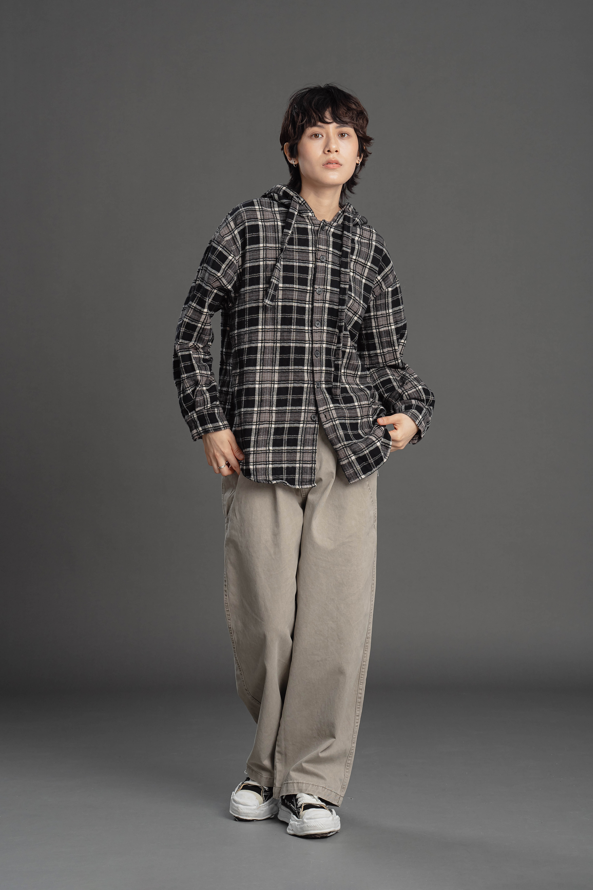 磨毛格子連帽長袖襯衫 2色