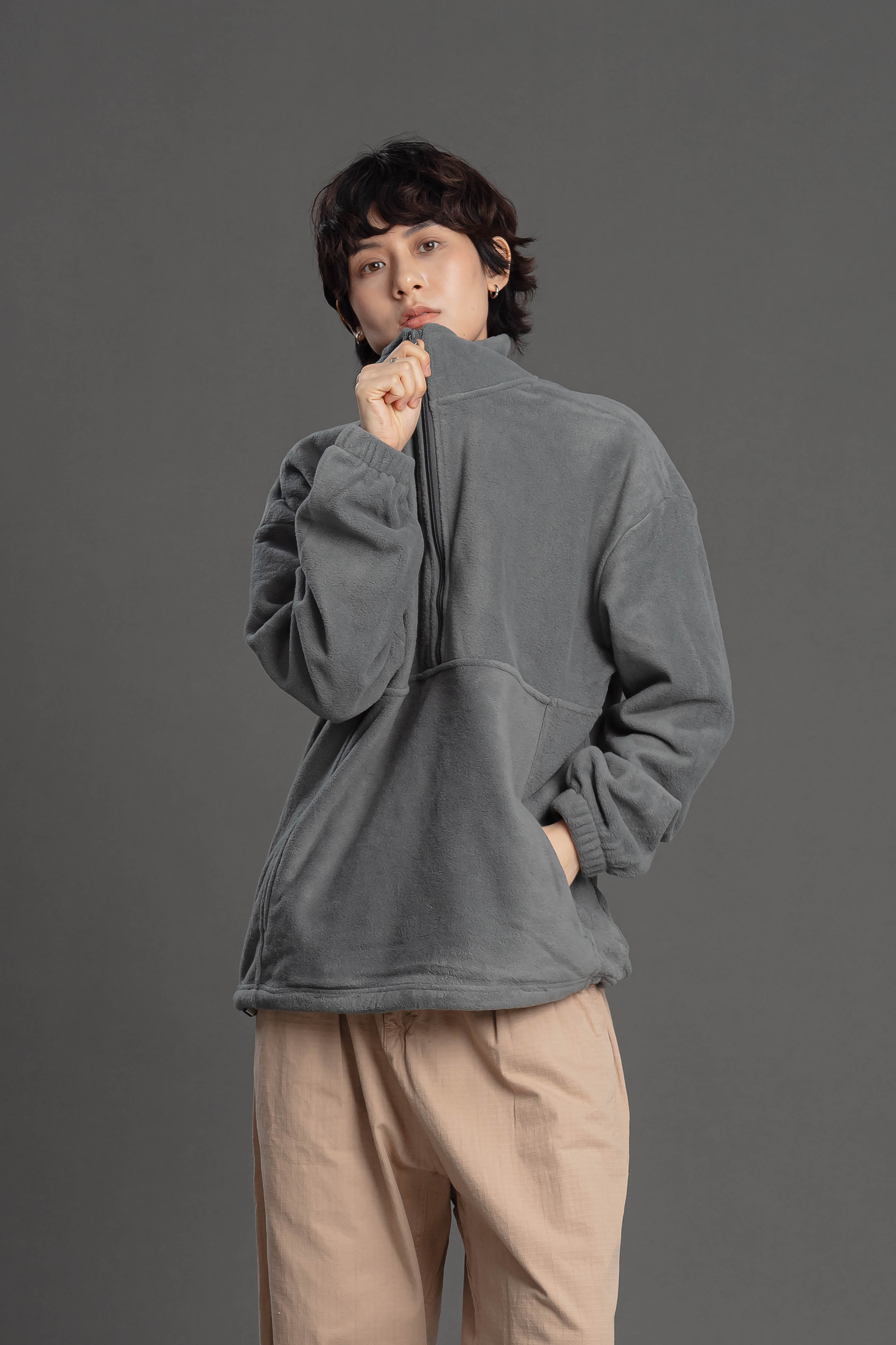 素面絨毛半拉鍊上衣 2色