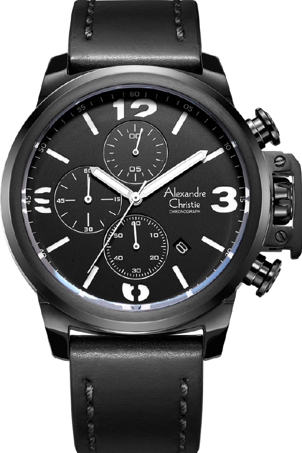 萬年鐘錶 - Alexandre Christie  6280MC系列 大數字刻度三眼計時皮革男錶  AC手錶  6280MCLIPBASL  錶徑48MM