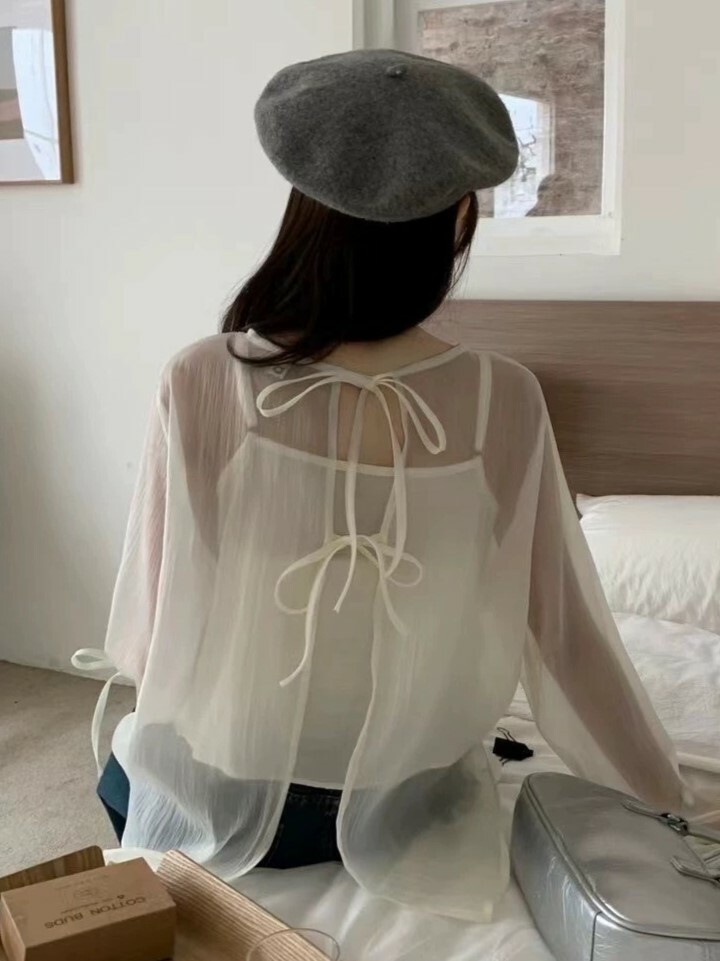 上衣丨後綁帶透膚兩件式上衣