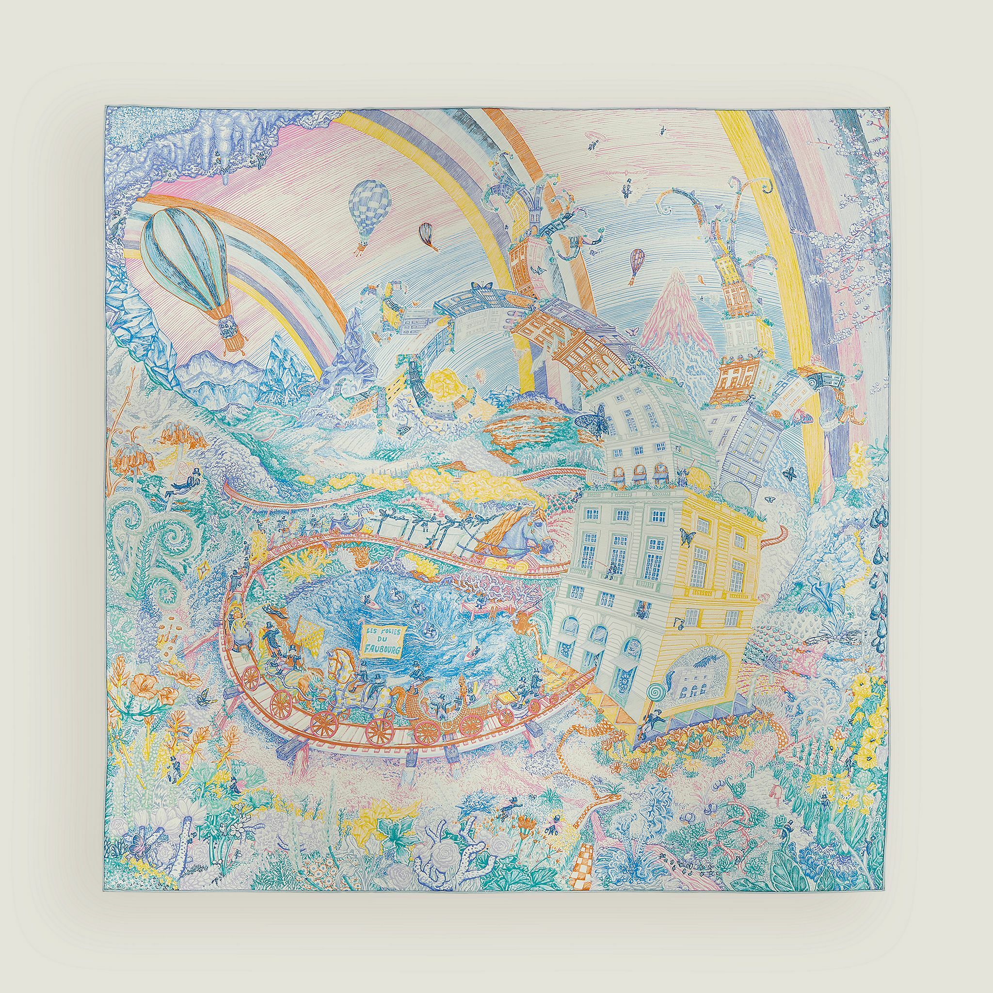 全新HERMES絲巾 90x90cm 夢幻建築圖案 彩色/紫色 Les Folies du Faubourg #BRAND NEW #香榭站正品
