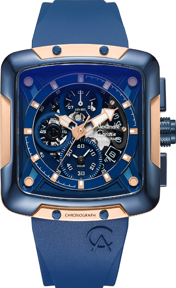 萬年鐘錶 - Alexandre Christie  3039MC系列 方形霸氣三眼計時透視男錶 3039GCRURBU  錶徑42MM