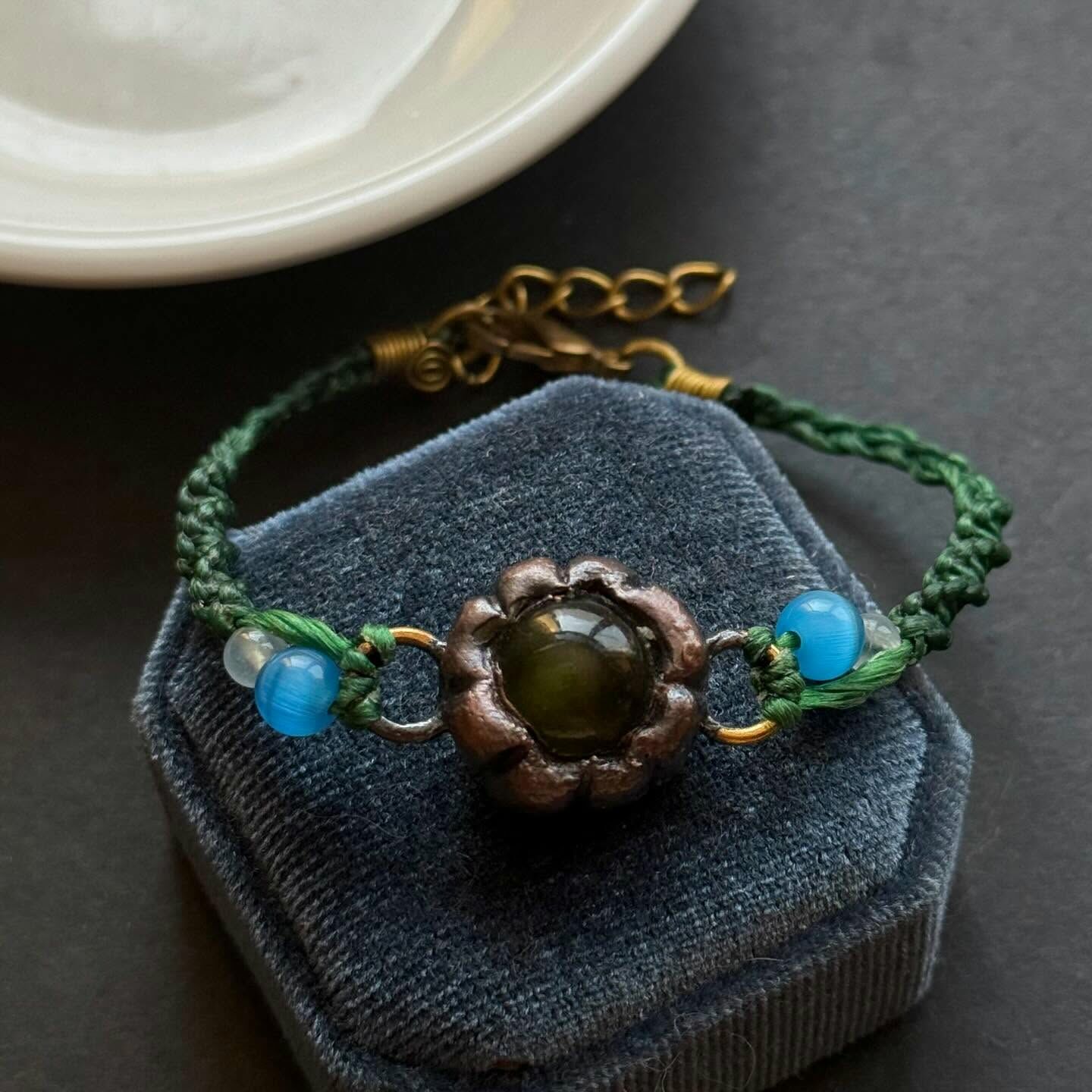 [原石] 綠貓眼石 蠟線編織手環 原創設計款手環
