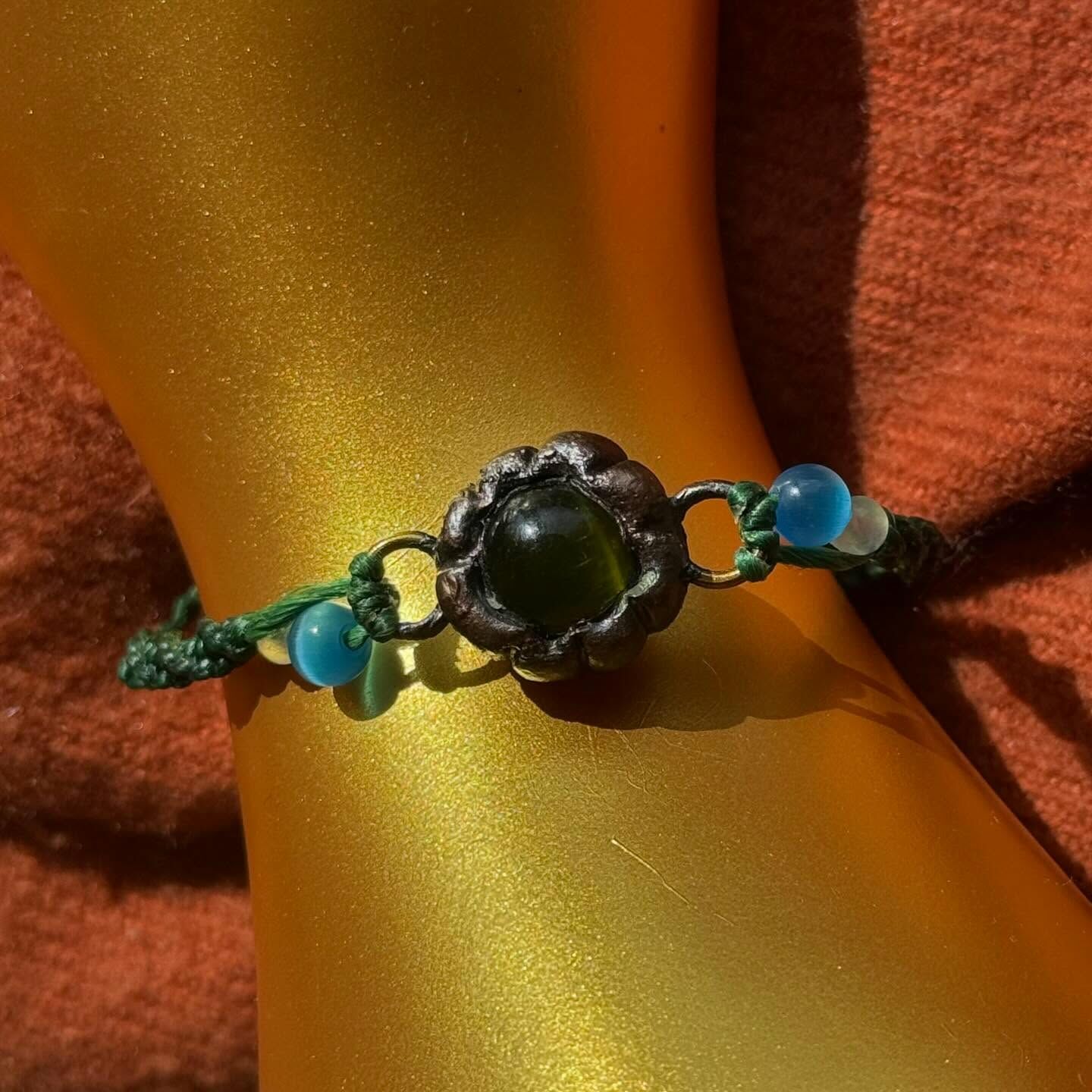 [原石] 綠貓眼石 蠟線編織手環 原創設計款手環