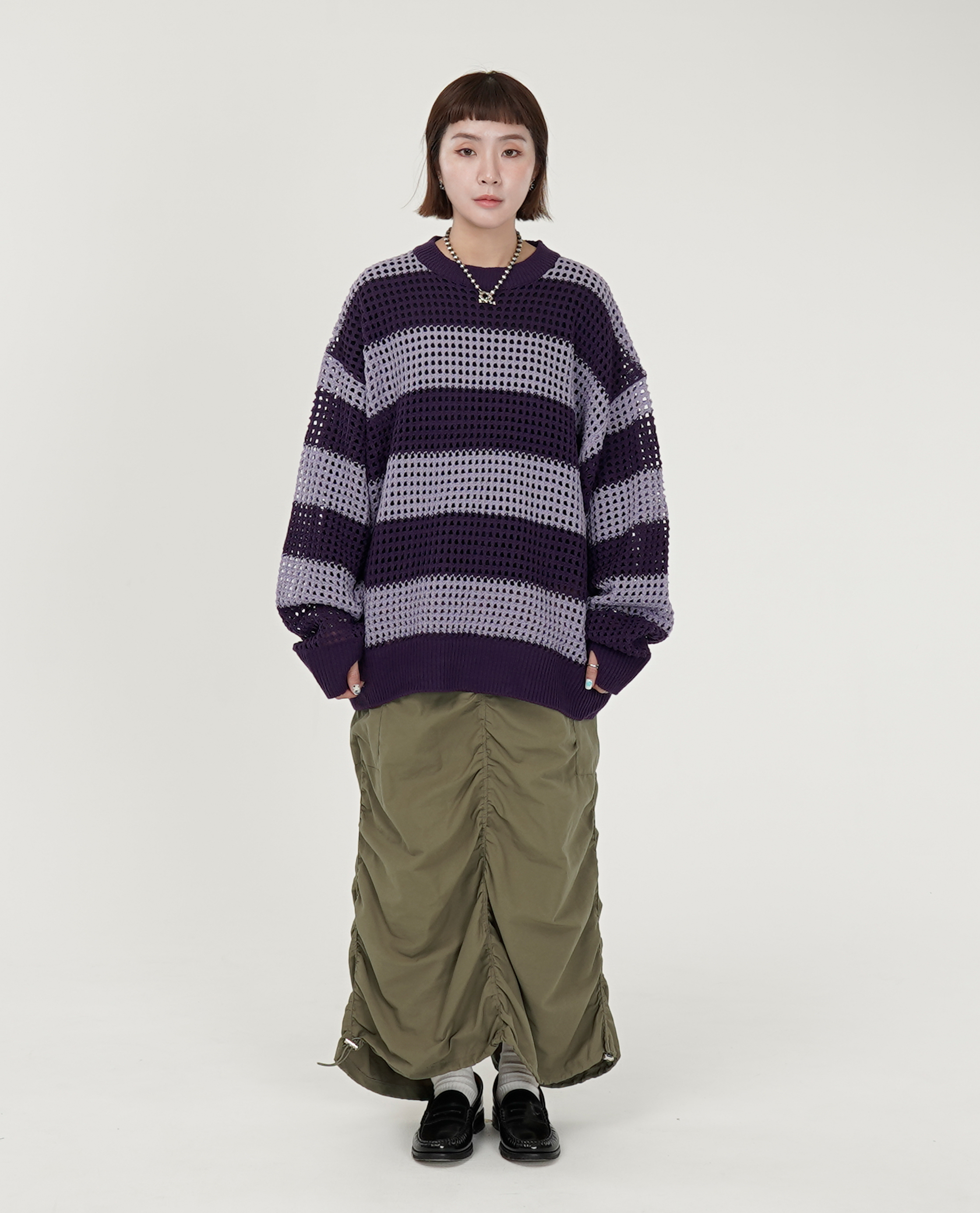 小領洞洞針織寬條紋大學t