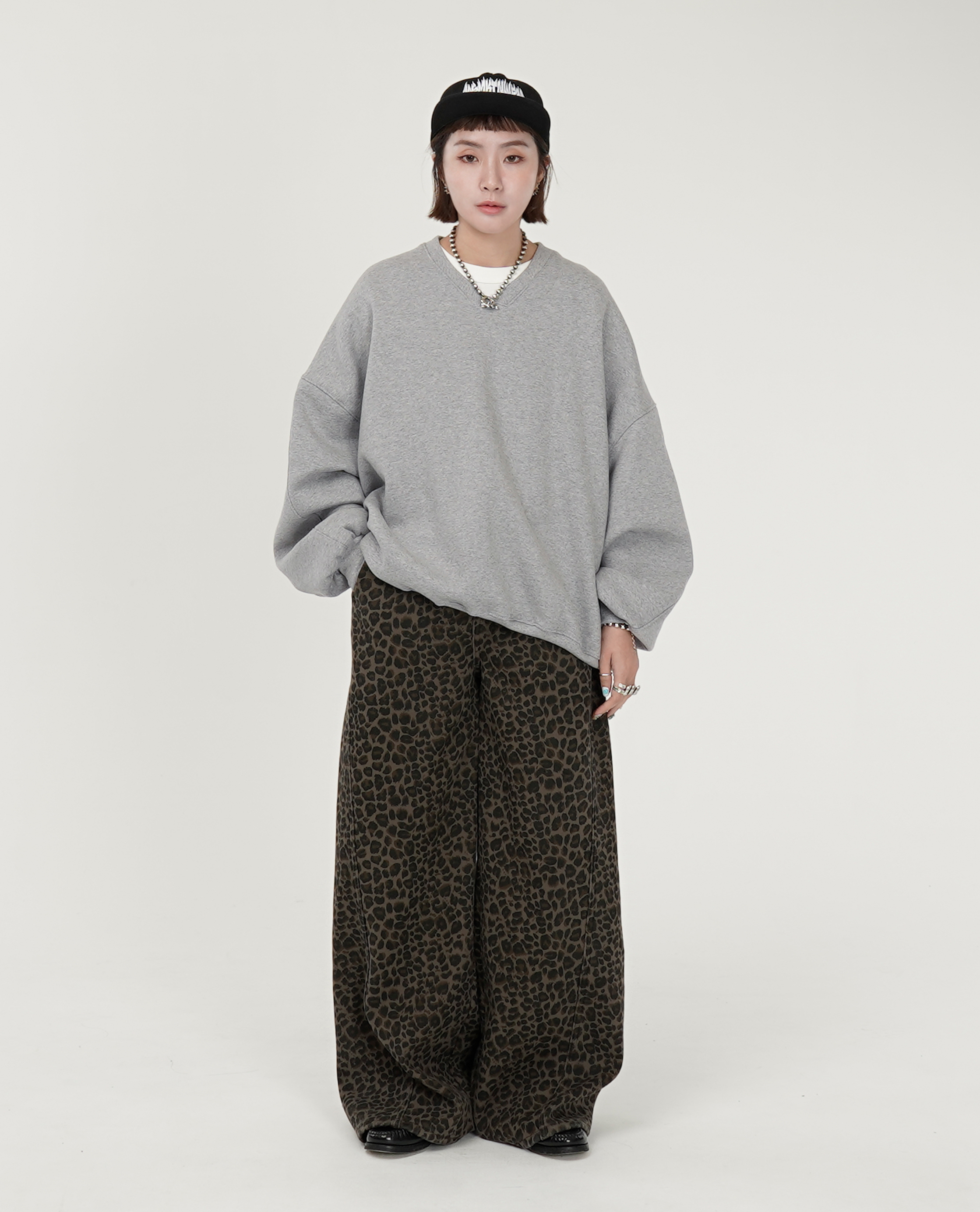 高腰豹紋寬直筒褲