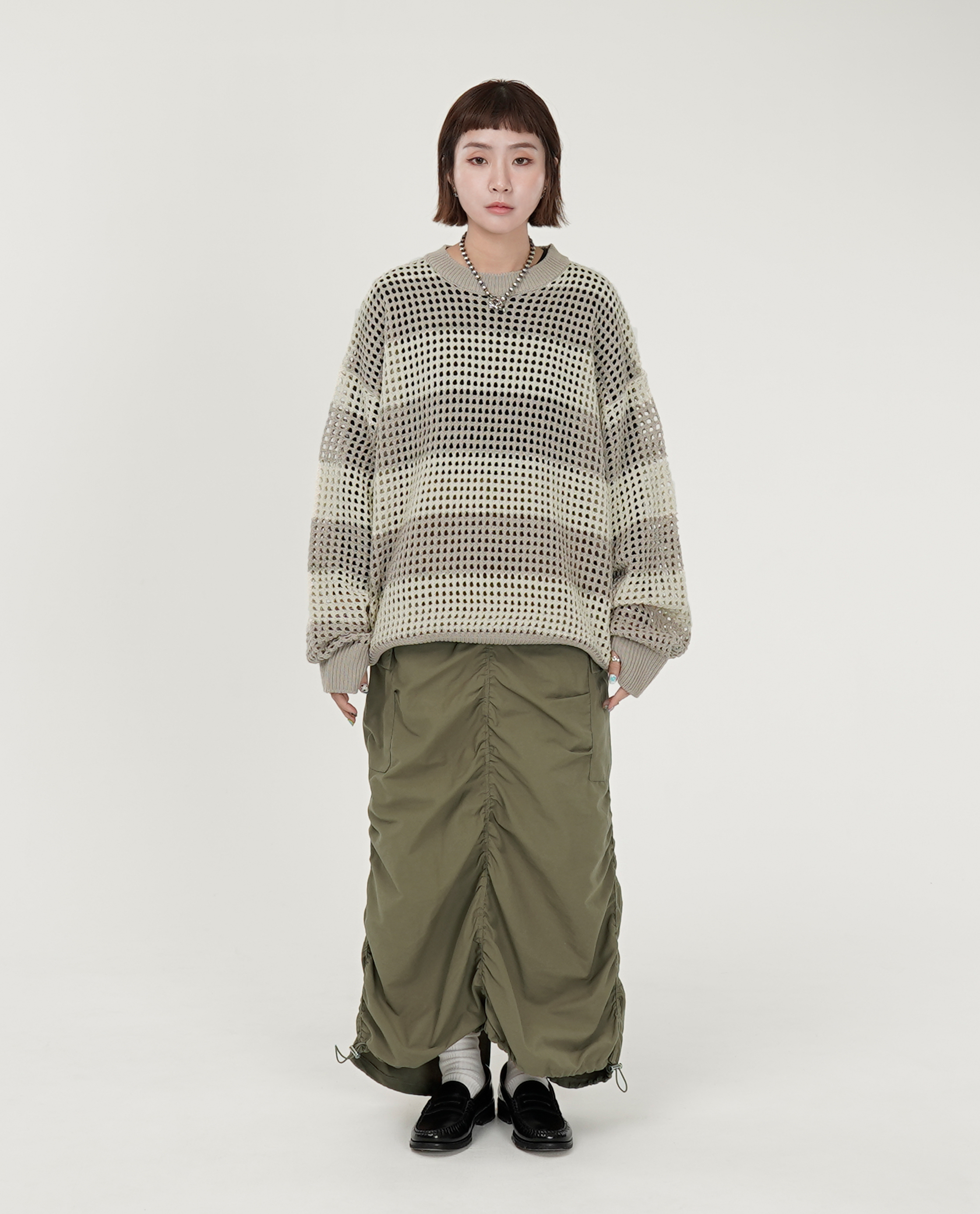 高腰抓皺下可縮工作長裙