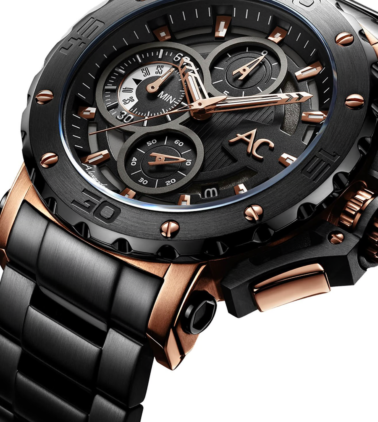 萬年鐘錶 - Alexandre Christie  9205MC系列  粗獷細膩三眼計時男錶 9205MCBBRBA  錶徑47MM