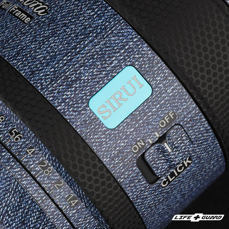 SIRUI Aurora 85mm F1.4 貼膜展示圖，LIFE+GUARD 牛仔風格