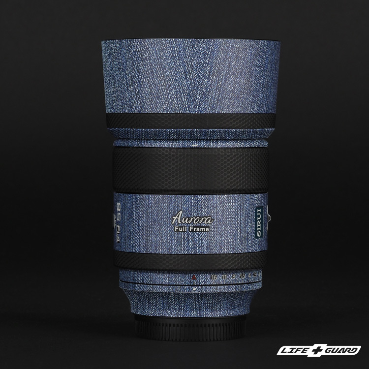 LIFE+GUARD SIRUI Aurora 85mm F1.4 鏡頭貼膜展示圖，LIFE+GUARD 風格設計