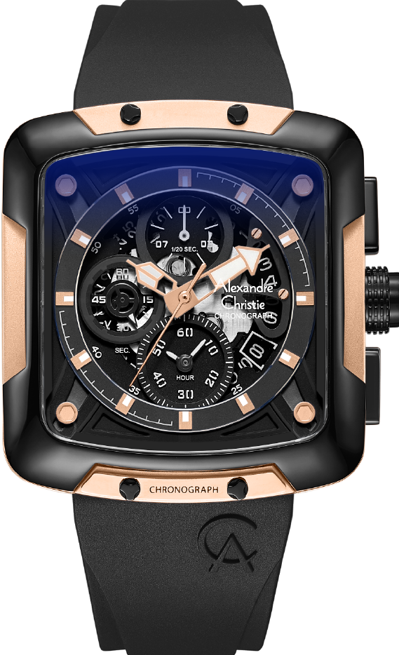 萬年鐘錶 - Alexandre Christie  3039MC系列 方形霸氣三眼計時透視男錶 3039GCRBRBA  錶徑42MM