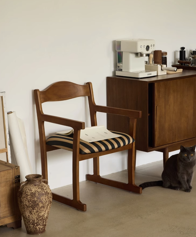 復古實木條紋單人餐椅