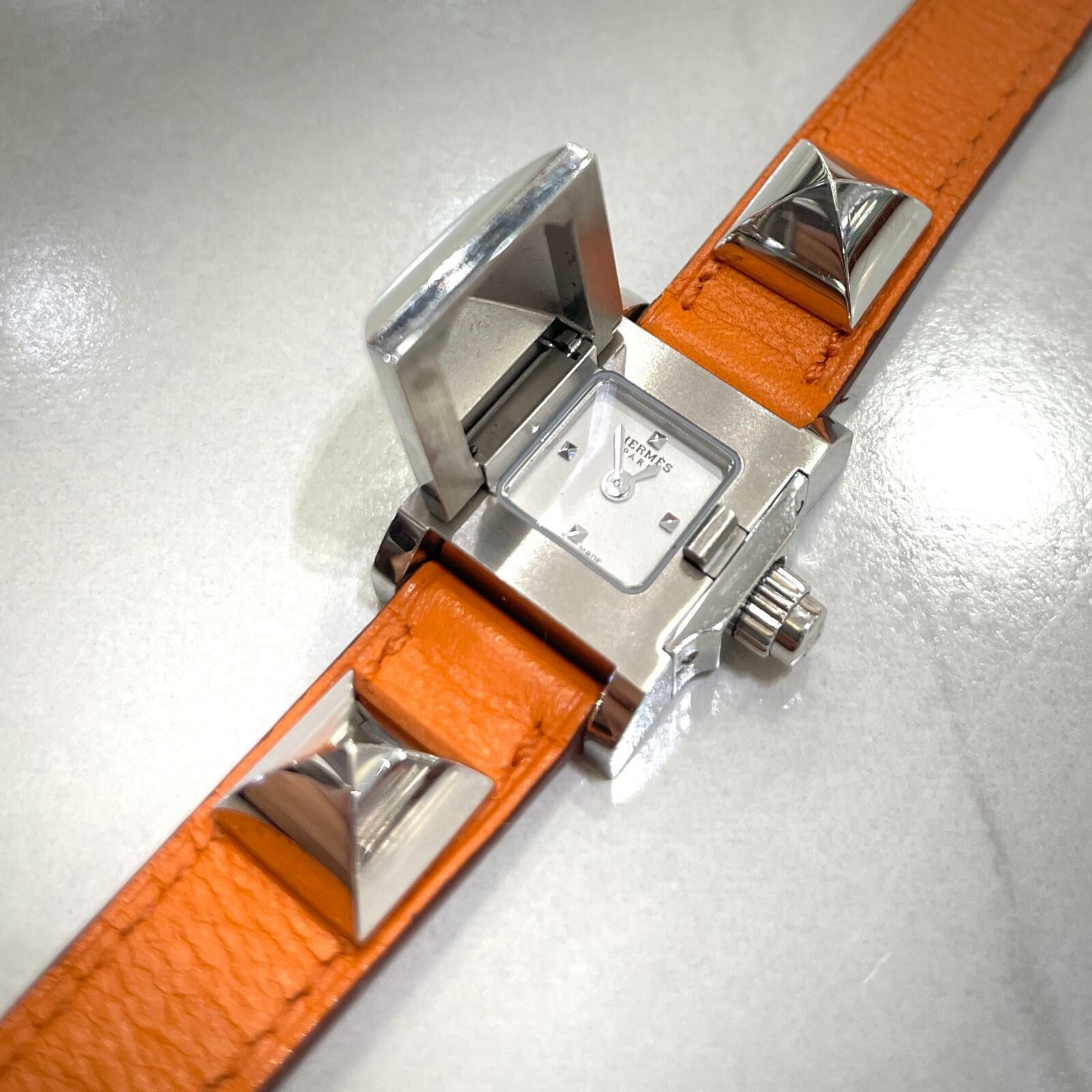 95%NEW二手HERMES 手錶/手環 橙色銀扣 MEDOR TPM SWIFT皮 #香榭站正品