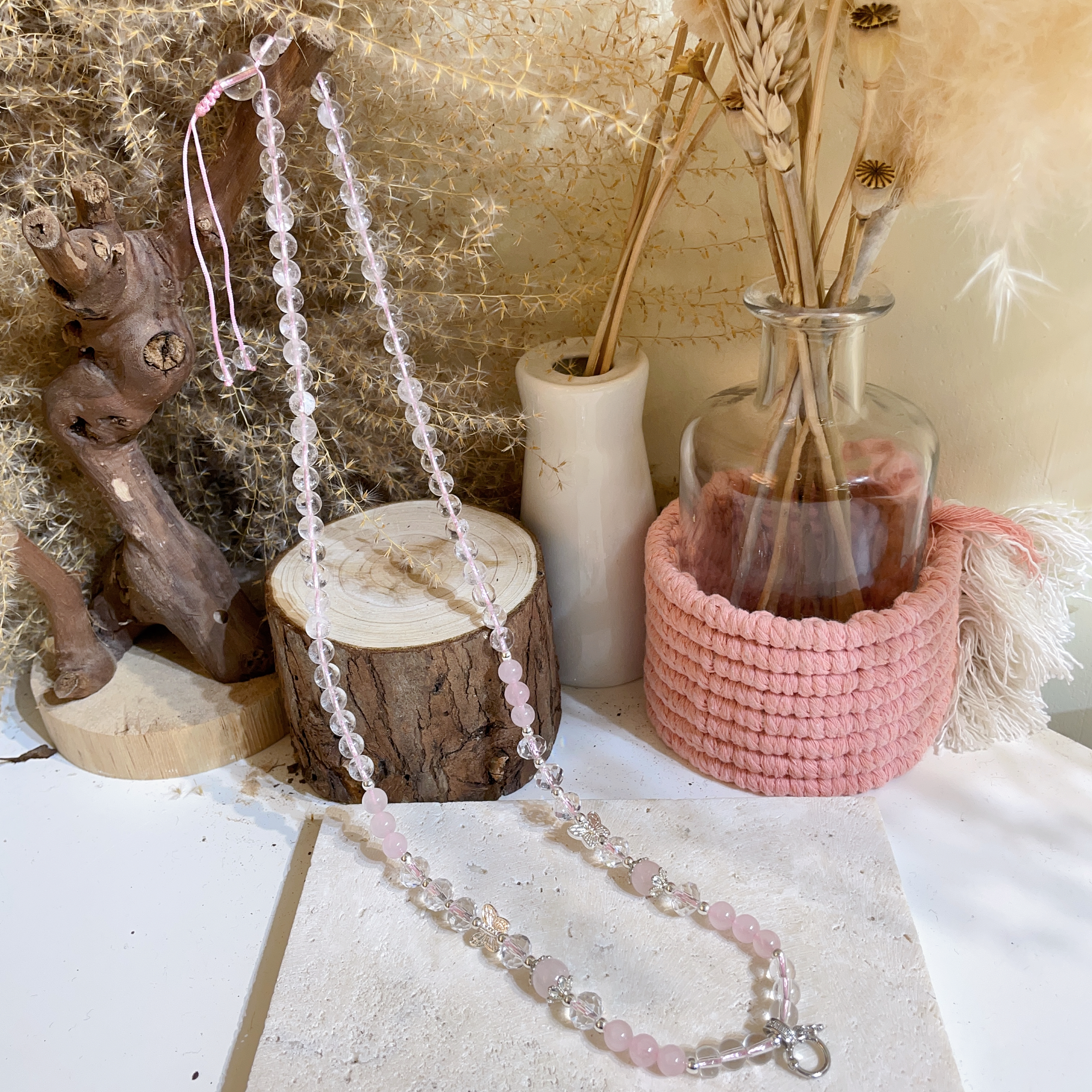 白水晶拼粉晶蝴蝶萬用鏈