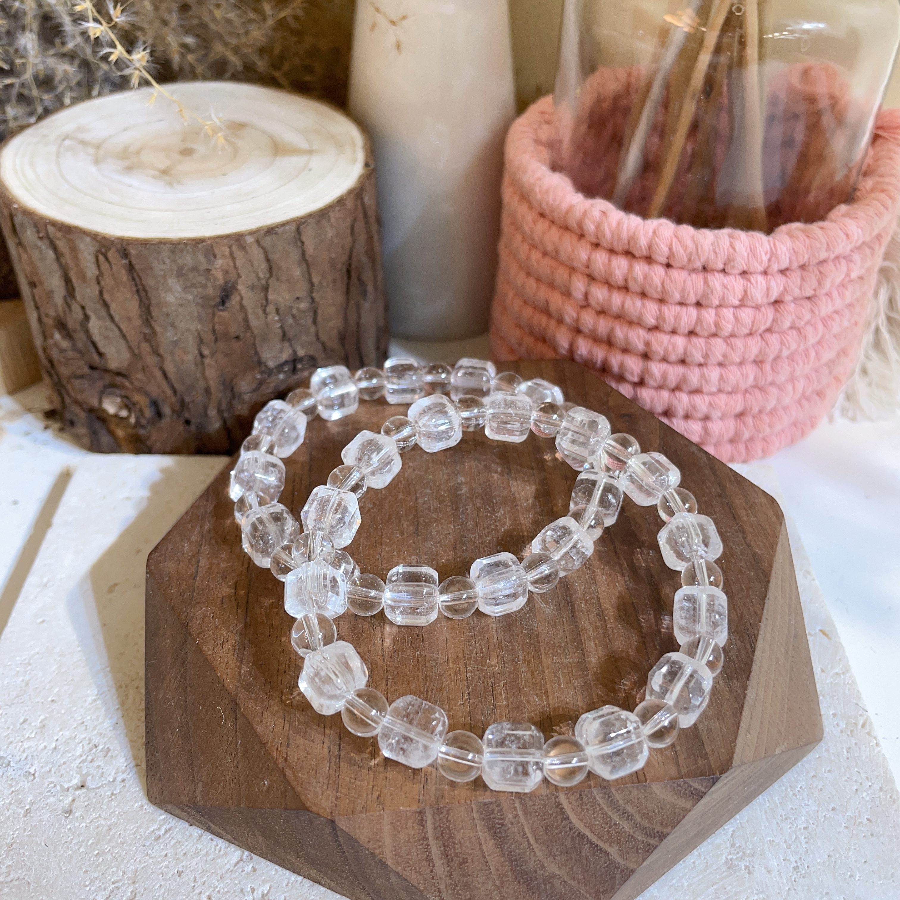 💛$120@2 白水晶鑽切方粒手串 9mm