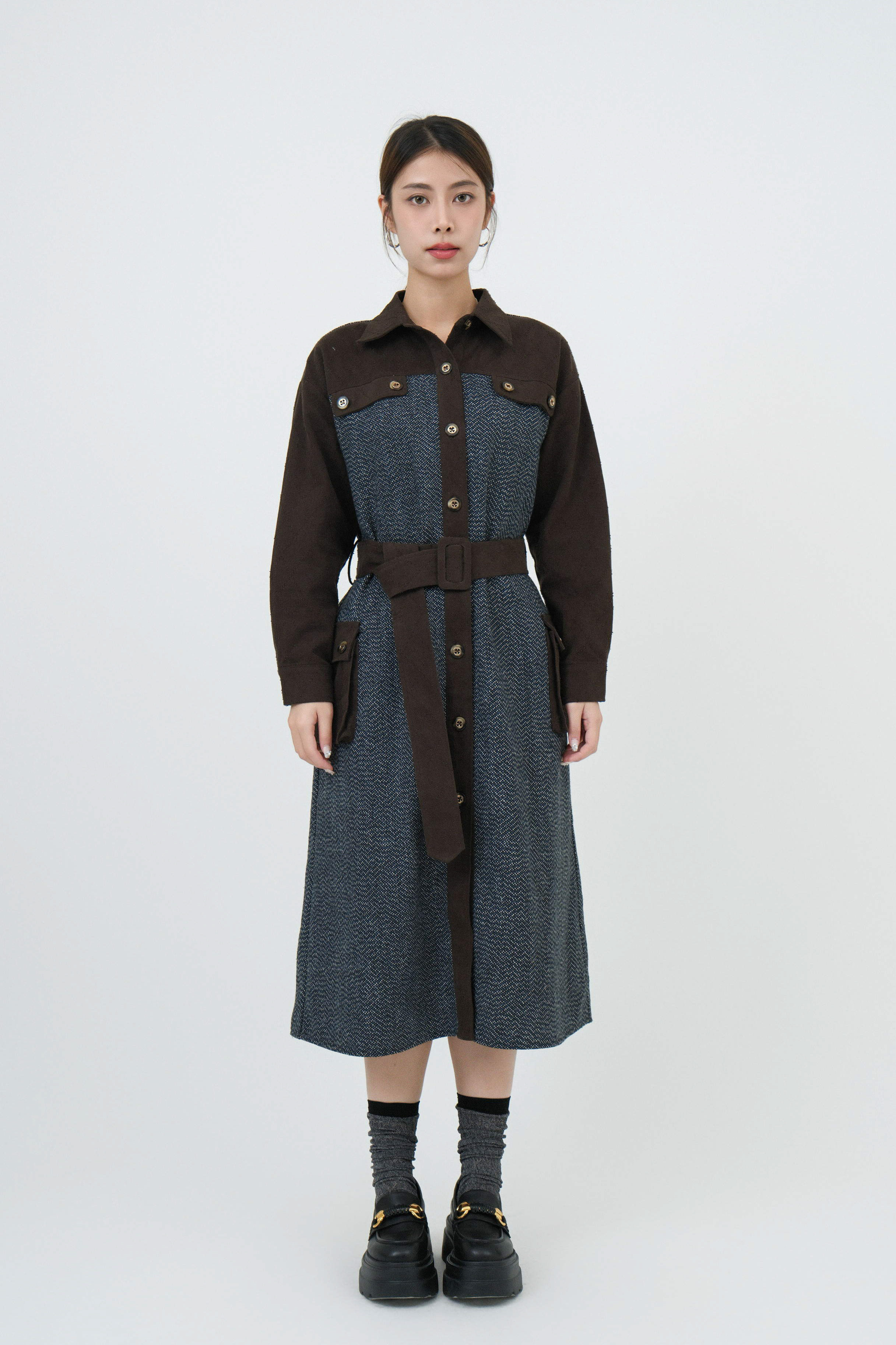 暗格紋斜拼混色薄tweed連身裙外套 ($現貨款式）