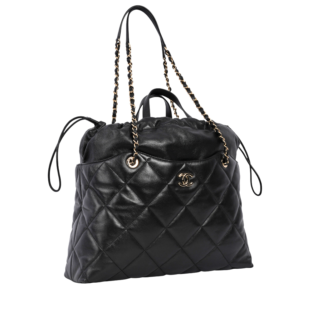 【CHANEL】淡金色CC Logo 大款抽繩手提包/肩背包/購物包