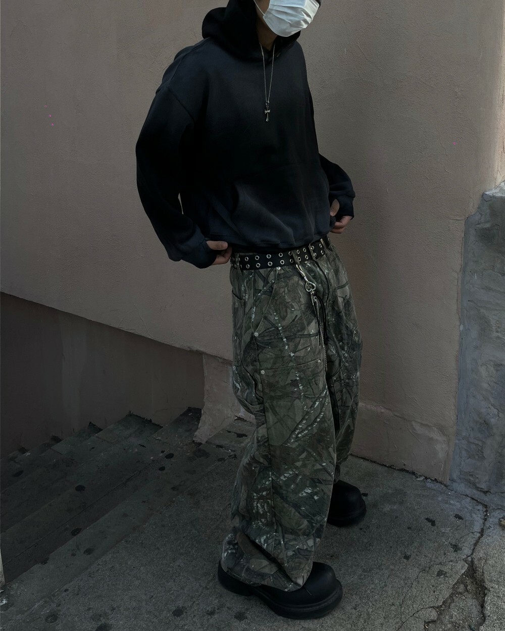 韓國 樹紋 迷彩 工裝 闊腿 長褲 工作褲