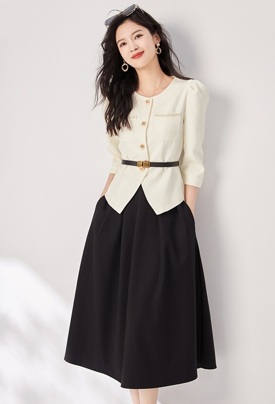 小香風配色套裝 杏/黑