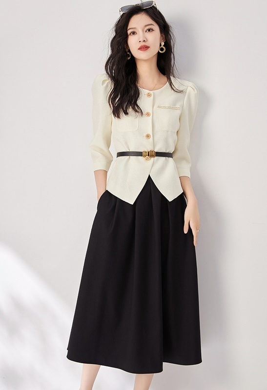 小香風配色套裝 杏/黑