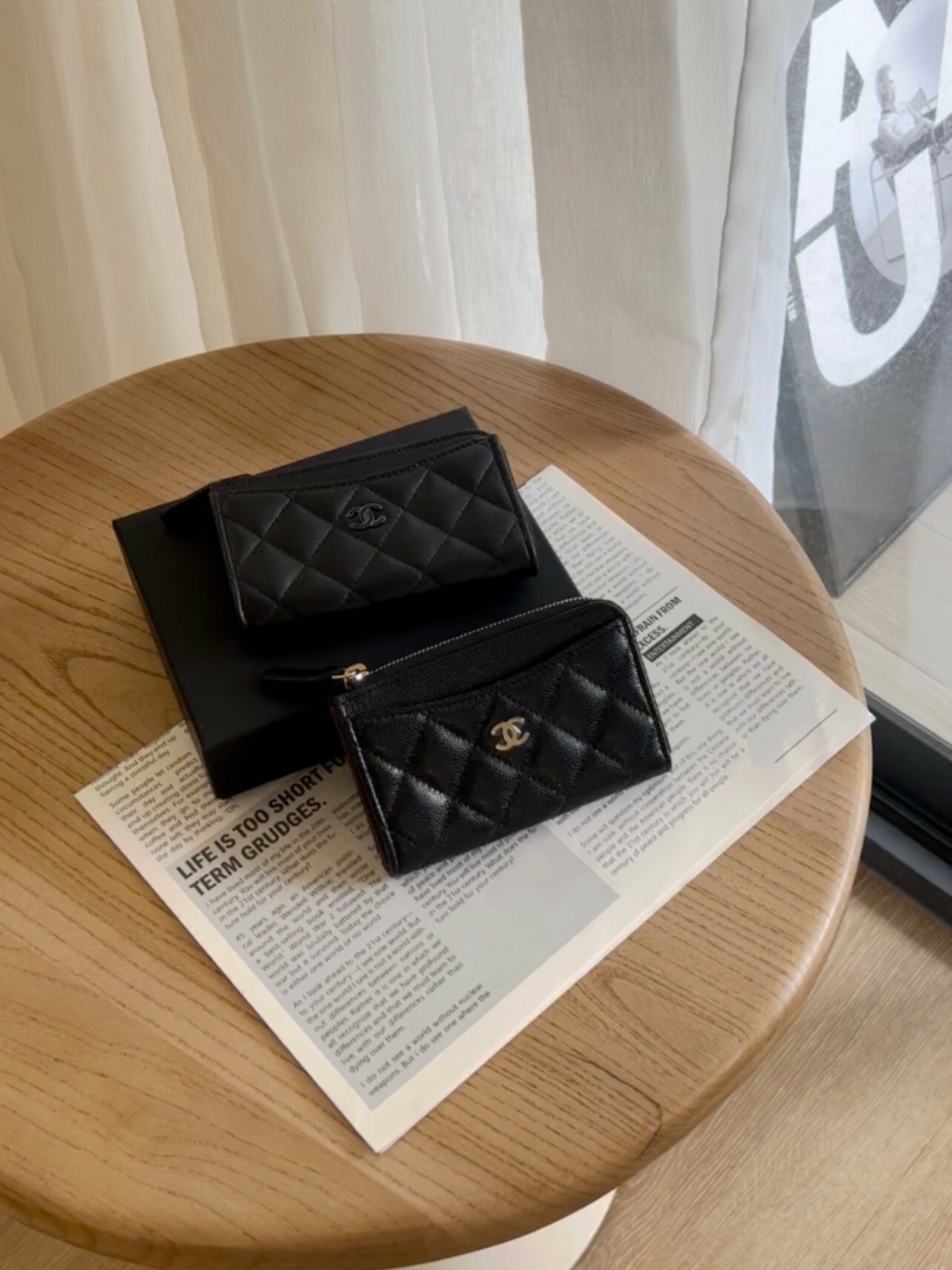 CHANEL｜荔枝紋L型零錢卡包 黑金