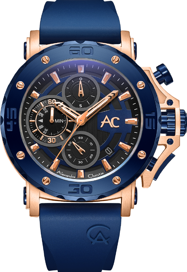 萬年鐘錶 - Alexandre Christie  9205MC系列  閃耀藍三眼計時橡膠錶帶男錶  9205MCLBRBA  錶徑47MM