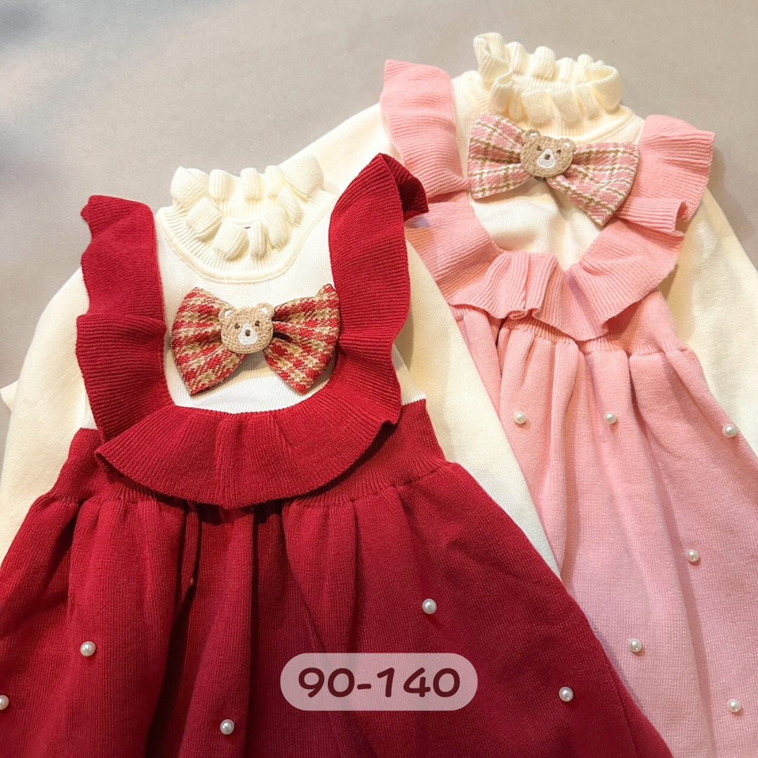 小熊蝴蝶結針織長袖連身裙/洋裝