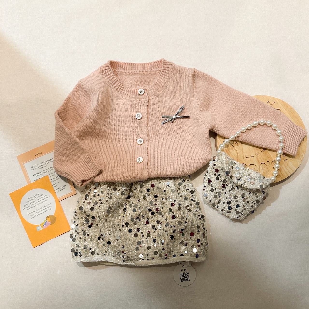 [送包] 粉色針織亮片窄裙套裝3件組