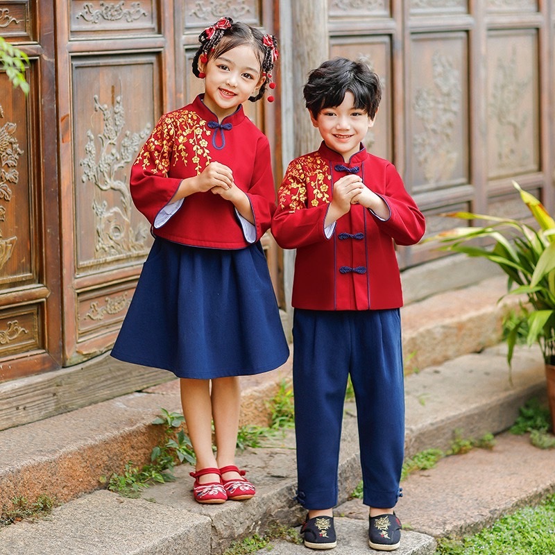 【限量】落肩櫻花-秋冬長袖中國風套裝二件組(100-140)