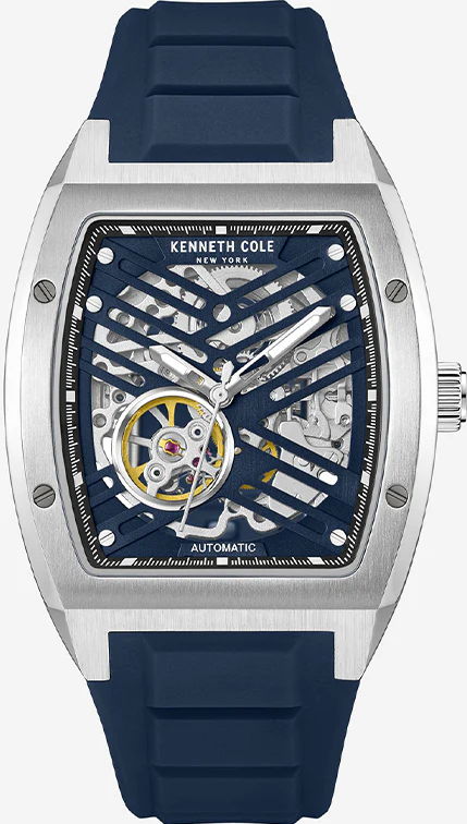 萬年鐘錶 - KENNETH COLE  美國紐約品牌  酒桶型透視機芯機械橡膠錶帶男錶 KCWGZ0046101 錶徑40MM