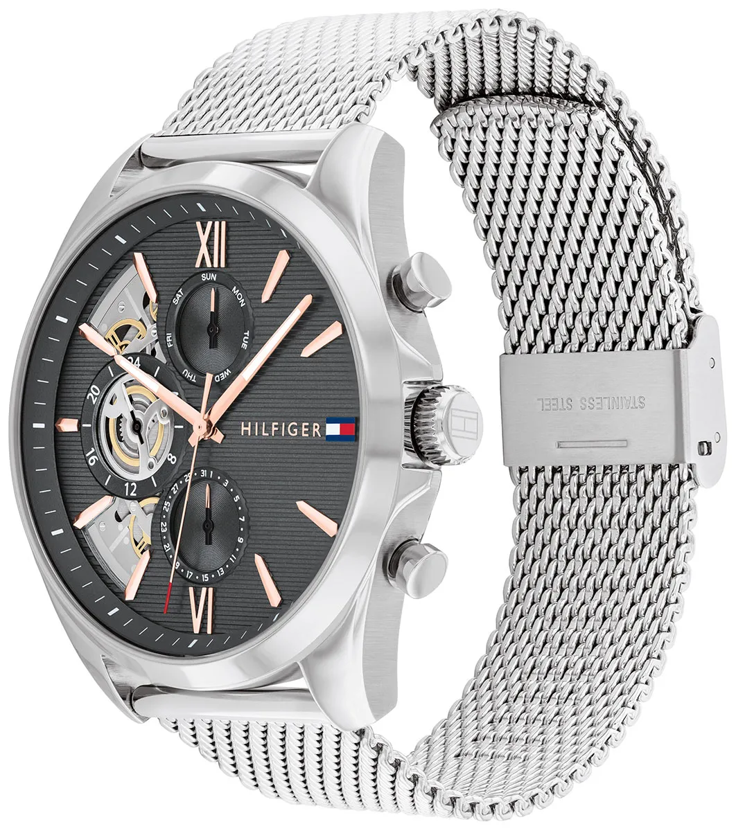 萬年鐘錶 - Tommy Hilfiger  質感黑面三眼米蘭錶帶男錶  1710646  錶徑43.5MM