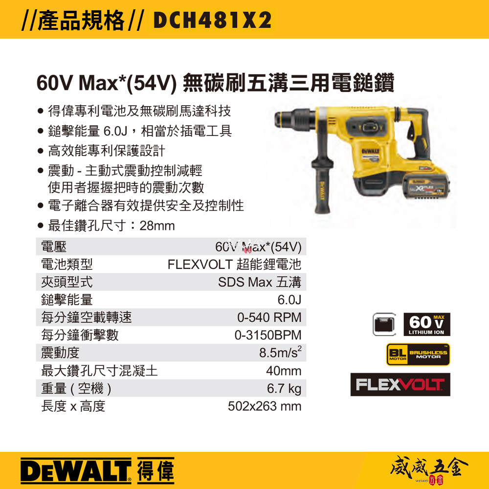 DEWALT 美國 得偉｜60V 充電式無碳刷五溝三用電鎚鑽 無刷充電五溝電鎚鑽｜DCH481X2｜公司貨 DCH481X2T DCH481
