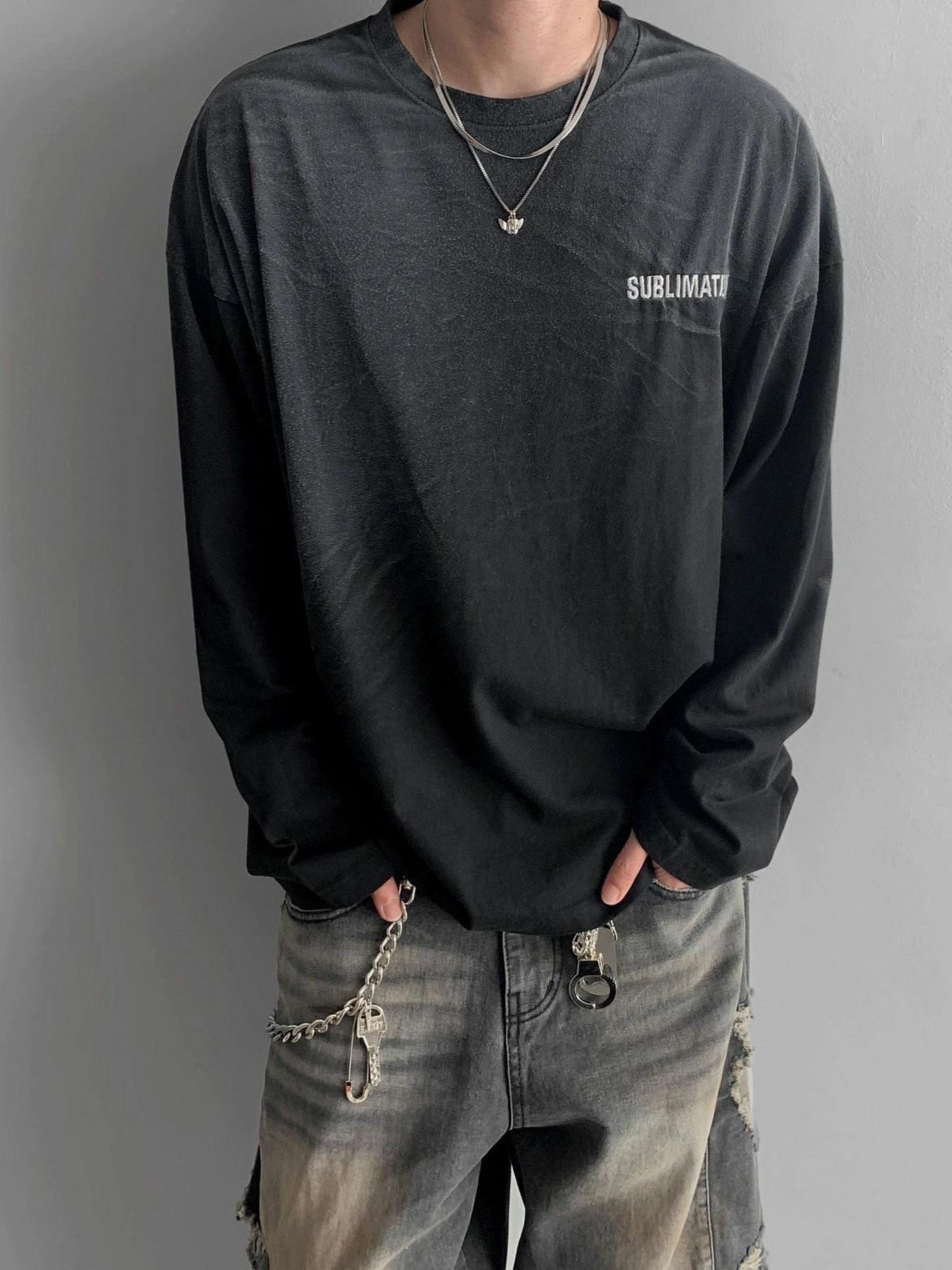 仿污英文字長袖衫 SUB-011T