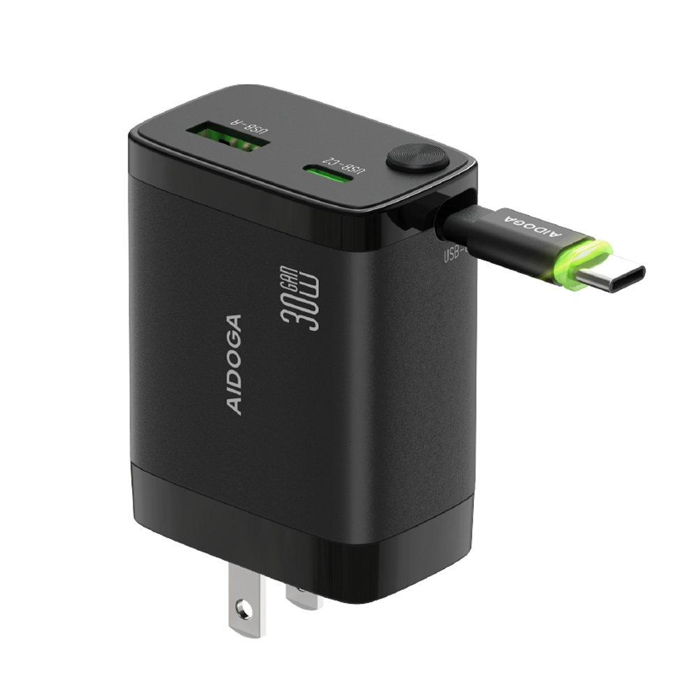 AIDOGA 艾迪伽 雙孔 PD/QC/GaN氮化鎵充電器 30W快充 伸縮收納Type-C充電線 USB 智連系列