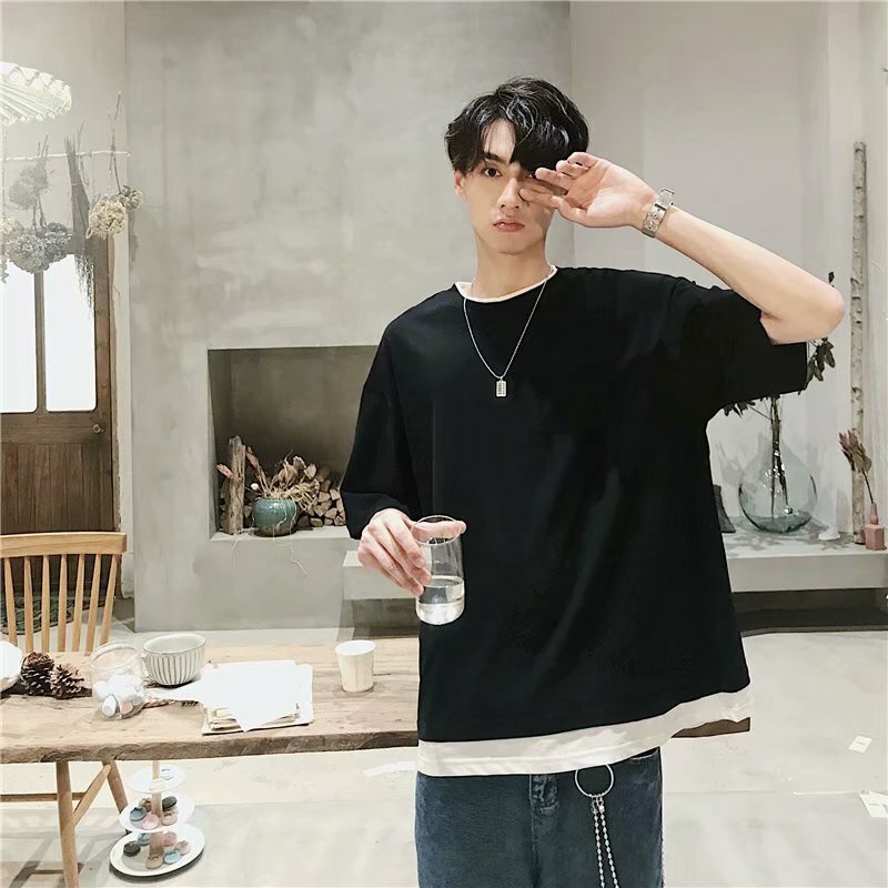 多色假兩件落肩素T