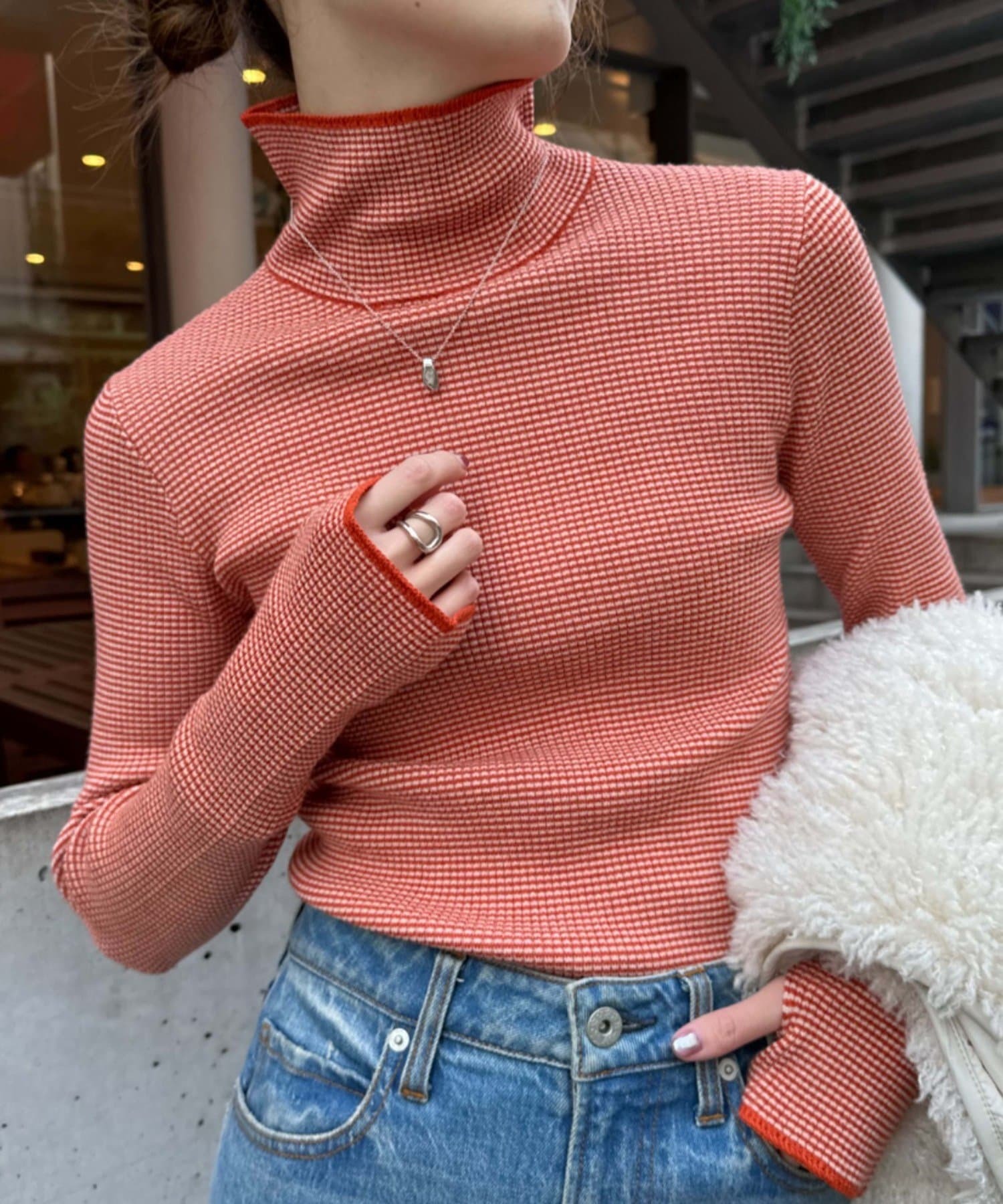 CIAOPANIC TYPY(チャオパニックティピー)  【新色追加】アンチピリング配色ステッチボーダータートルニット紅（TYZ1032105A0005）