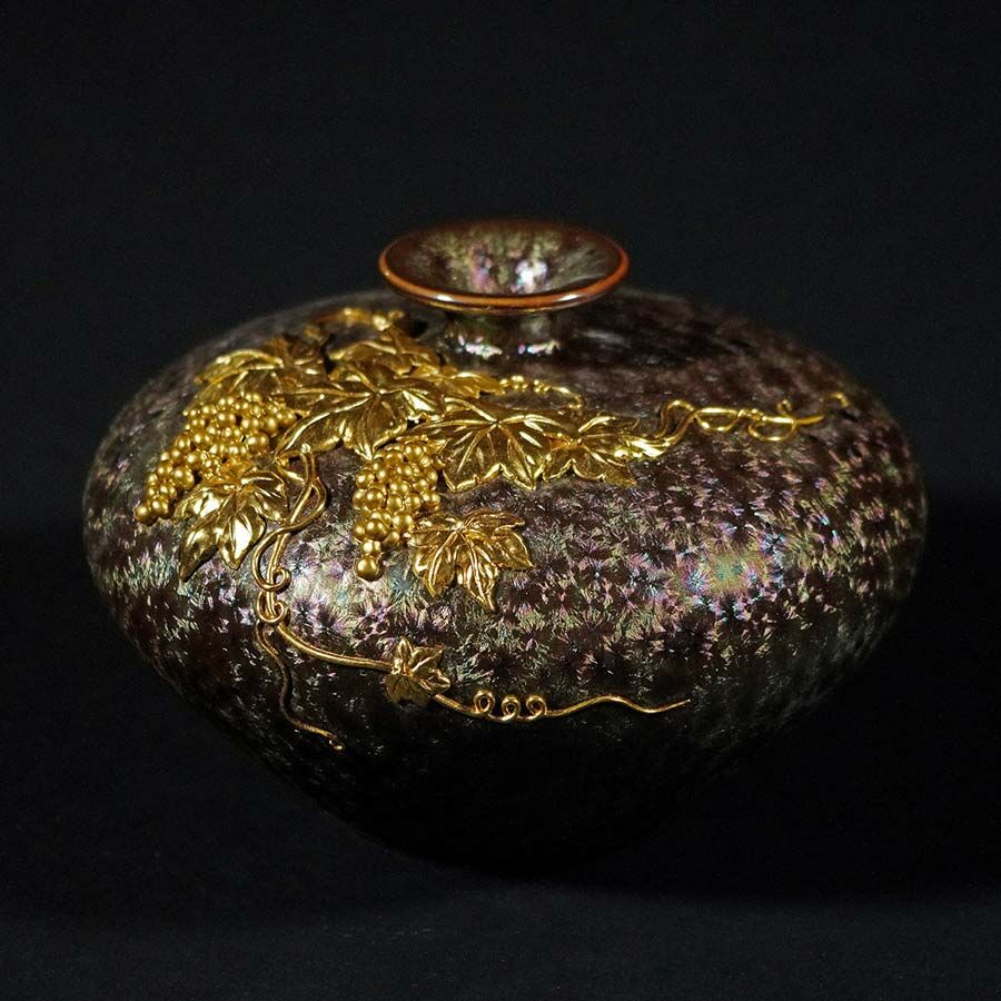 平安多福花器｜七彩琉璃結晶釉X漆線金箔工藝 紫金釉面A款