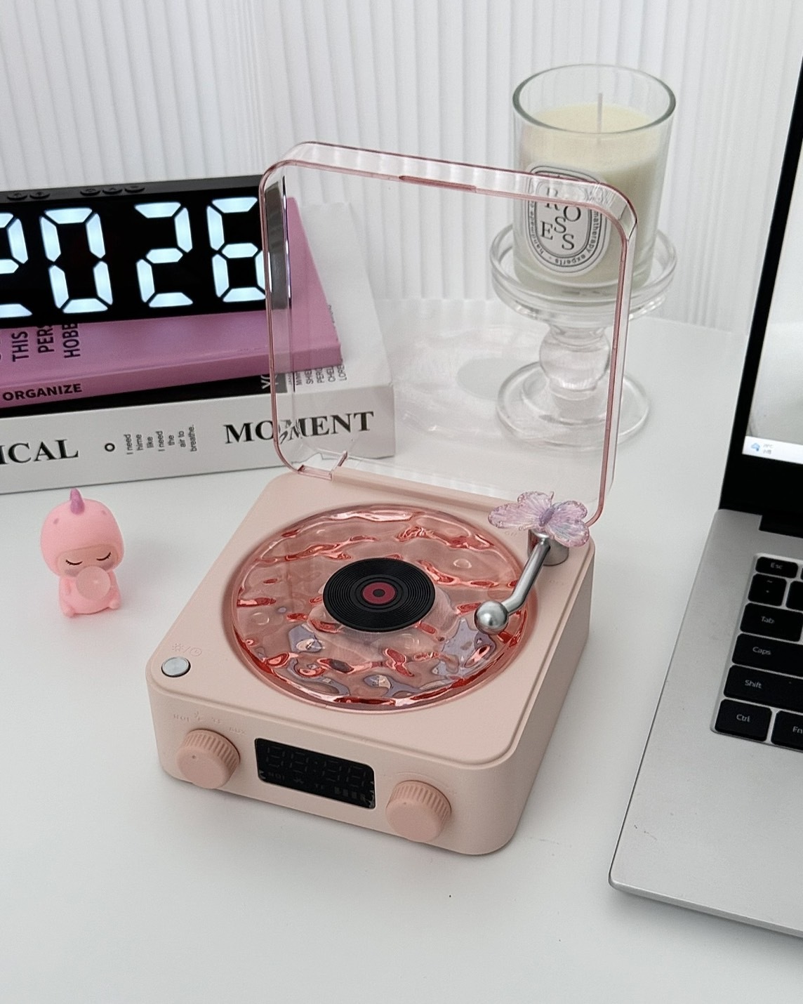 白噪音藍芽音響 無線 時鐘 復古唱片機 氣氛燈 玫瑰粉/海鹽白