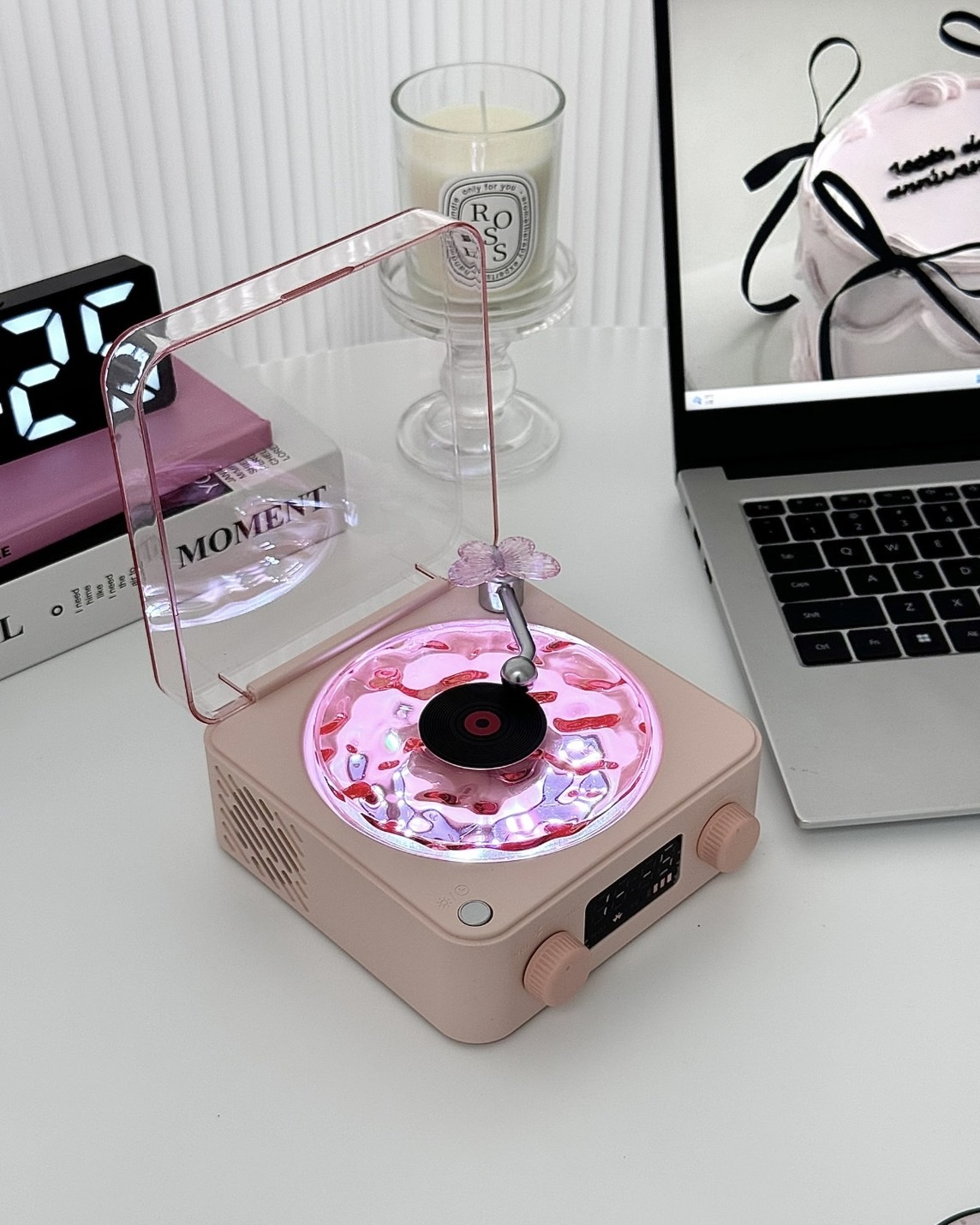 白噪音藍芽音響 無線 時鐘 復古唱片機 氣氛燈 玫瑰粉/海鹽白