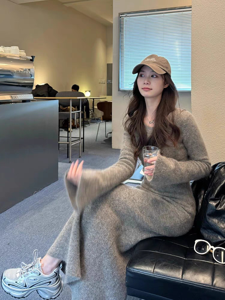 喇叭袖 針織毛尼長洋裝