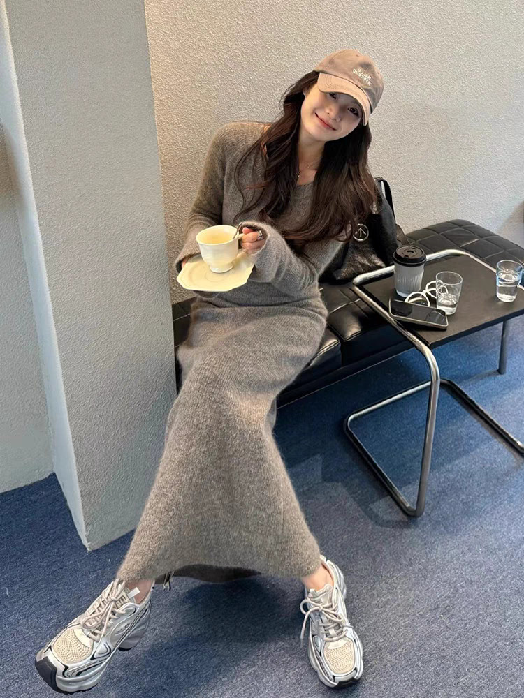 喇叭袖 針織毛尼長洋裝