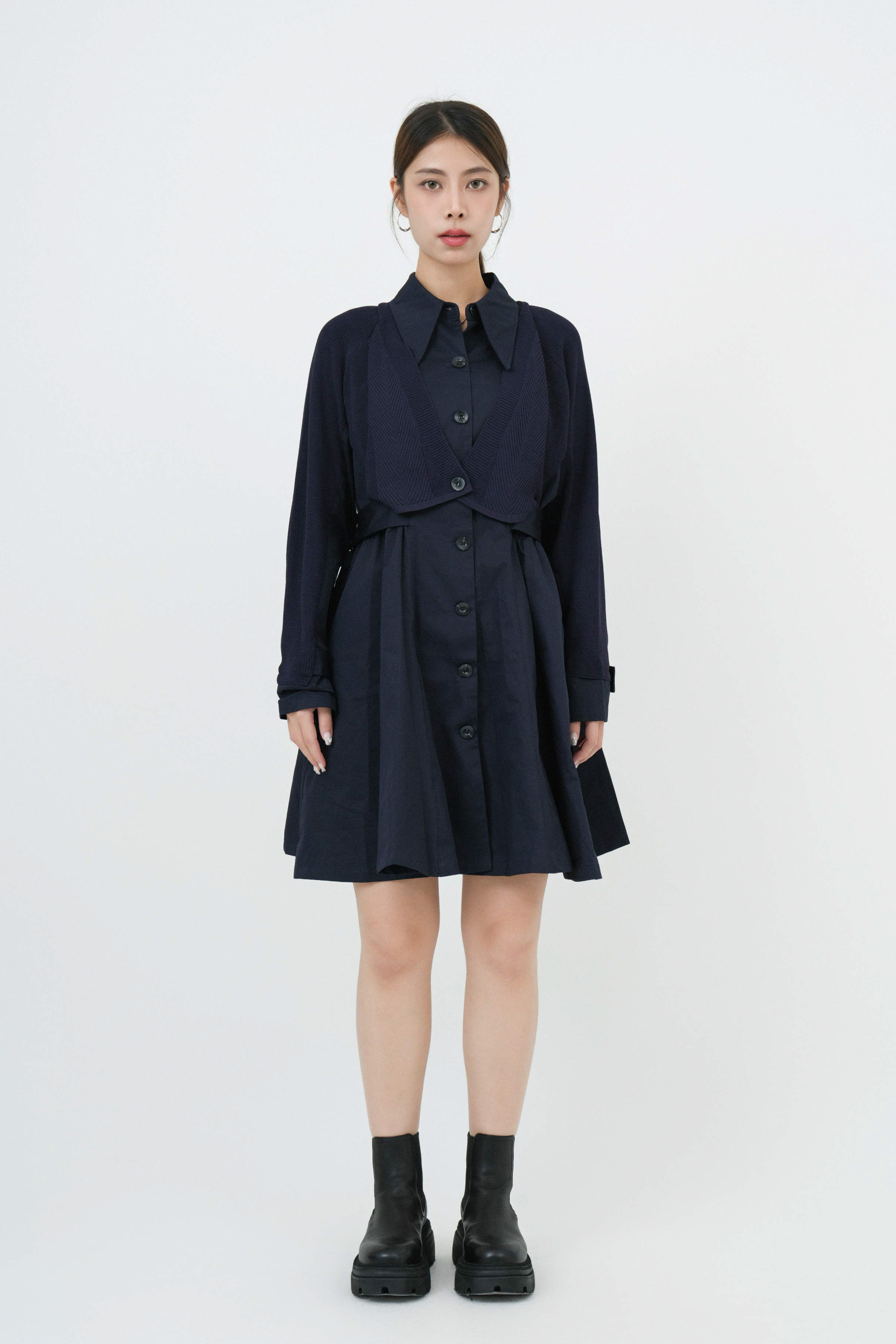 薄斜拼針織假兩件連身裙 (現貨款式）