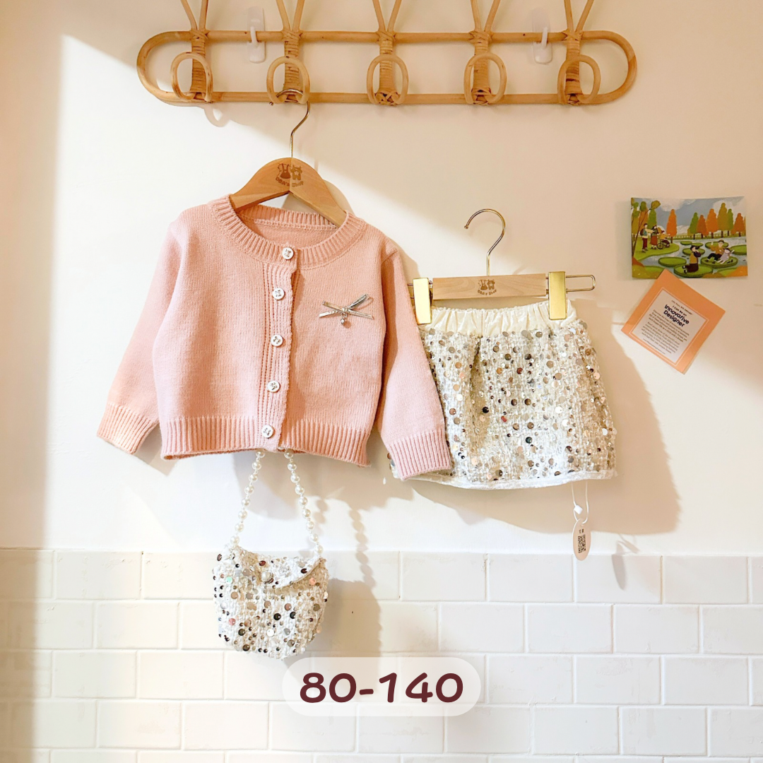 [送包] 粉色針織亮片窄裙套裝3件組