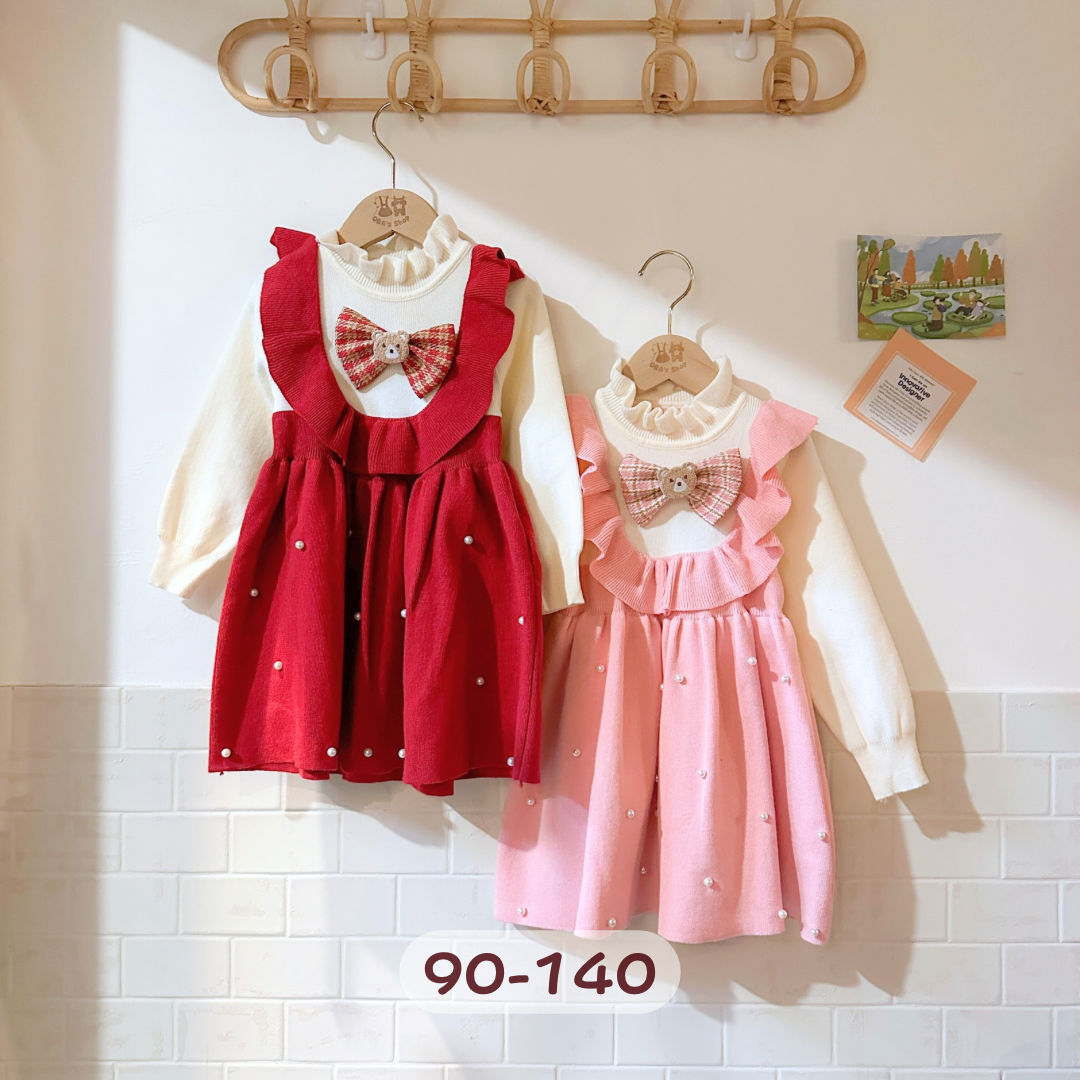 小熊蝴蝶結針織長袖連身裙/洋裝