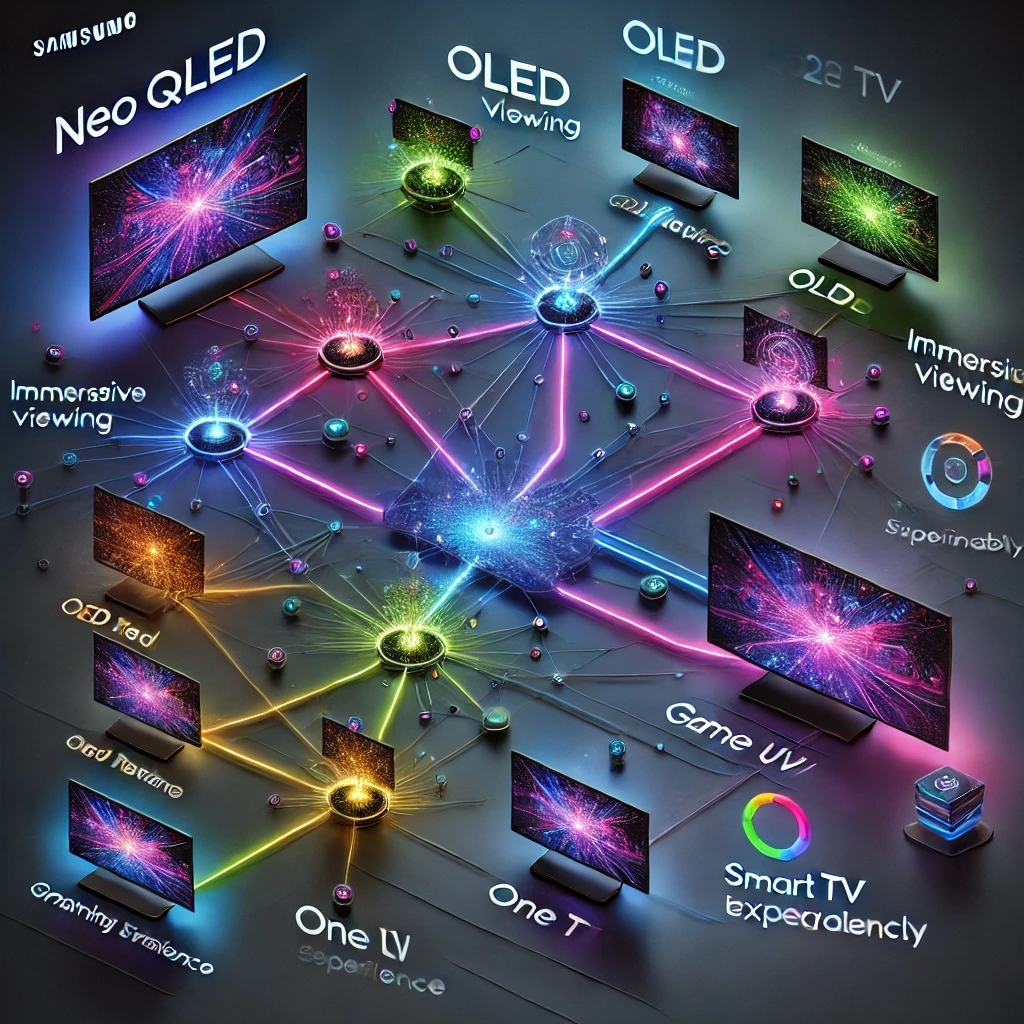 A visually striking infographic-style community map illustrating the Samsung 2025 TV lineup, featuring interconnected nodes labeled Neo QLED, OLED, AI features, immersive viewing, One UI integration, gaming experience, sustainability, and smart TV ecosystem. The design uses glowing neon lines on a dark futuristic background, emphasizing a modern and high-tech theme.